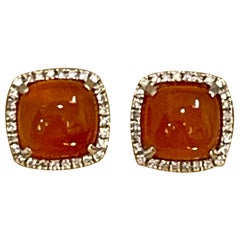 Carnelian and Diamond Stud Earring with Omega Back, 14 Karat White Gold