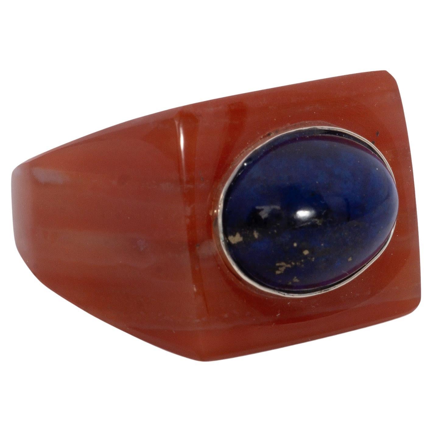 Carnelian Art Deco ring with  Lapis Lazuli Stone set in Sterling Silver For Sale