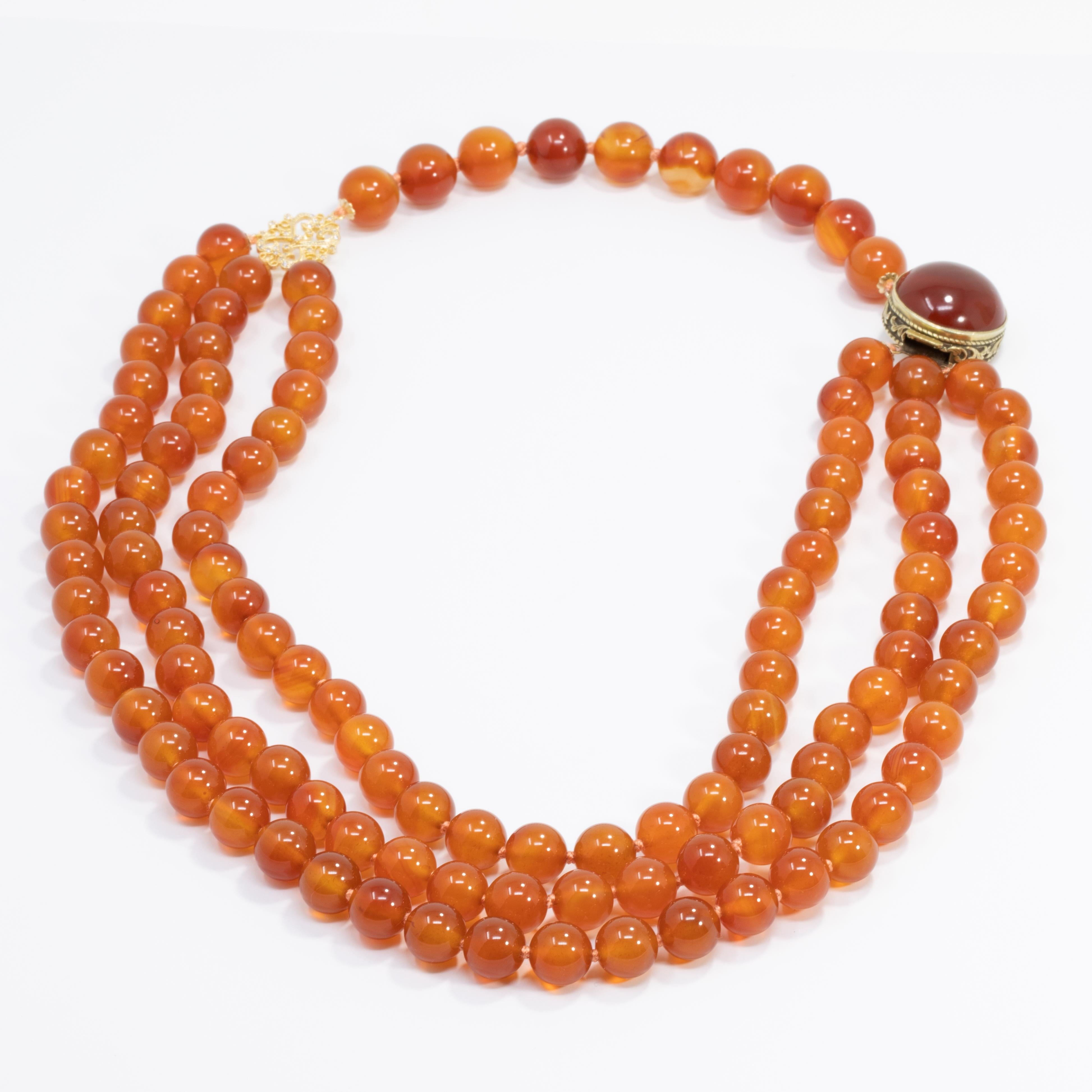 Carnelian Bead Knotted String Triple Strand Necklace, 14 Karat Clasp In Good Condition For Sale In Milford, DE