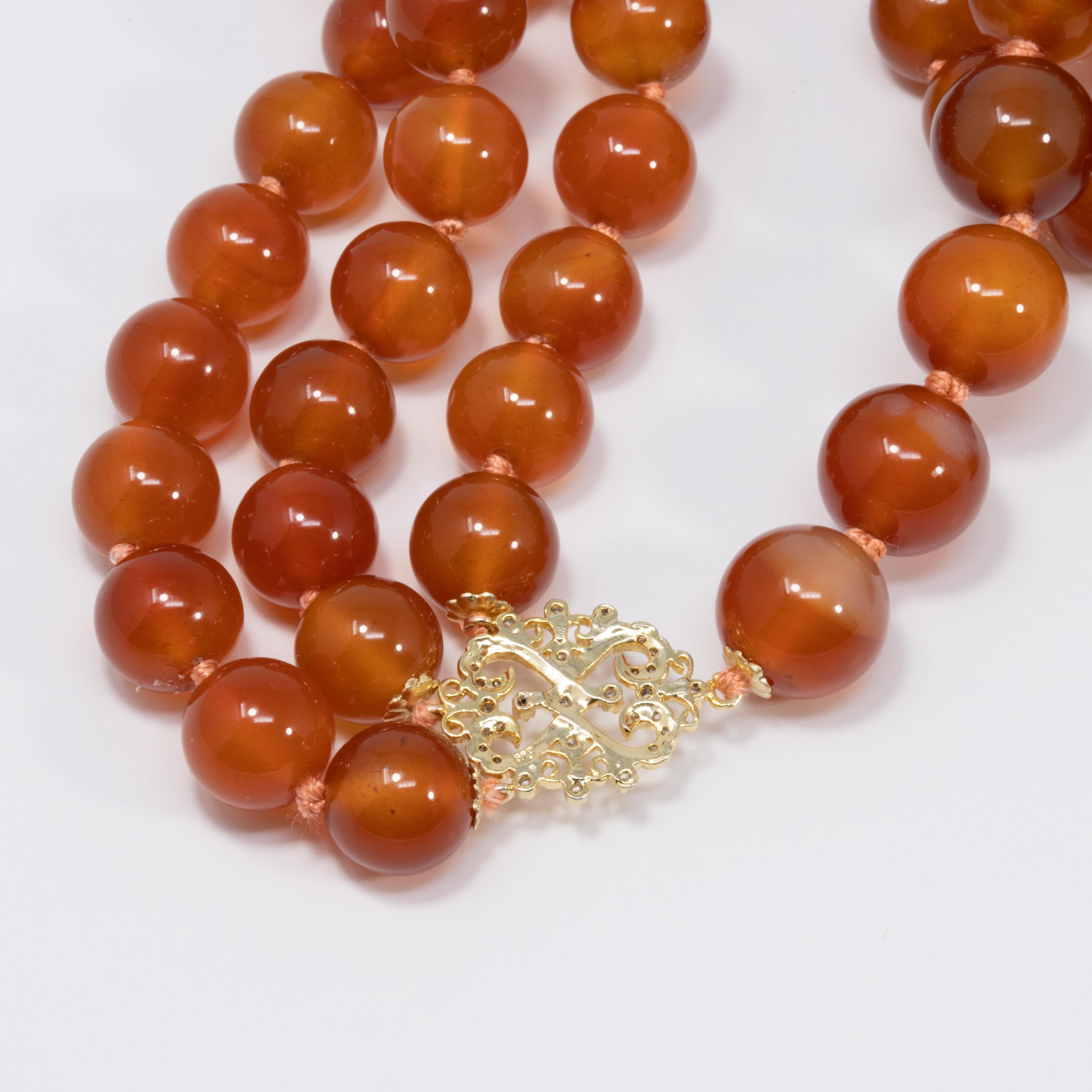 Carnelian Bead Knotted String Triple Strand Necklace, 14 Karat Clasp For Sale 2