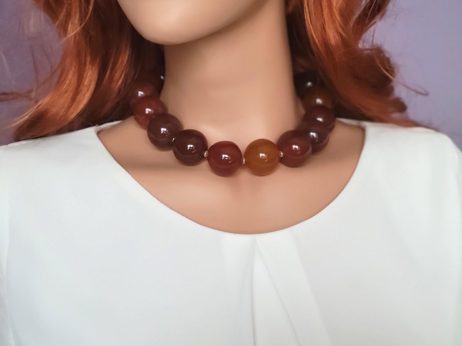 Women's Carnelian Necklace, Huge Carnelian Round Beads 25mm For Sale