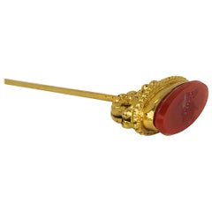 Carnelian Bird Etched Emblem Hat Pin, Victorian Era, Gilded Vermeil, circa 1860