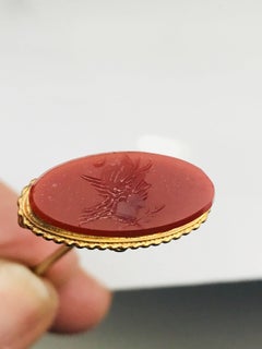 Carnelian Bird Etched Emblem Hat Pin, Victorian Era, Gilded Vermeil, circa 1860