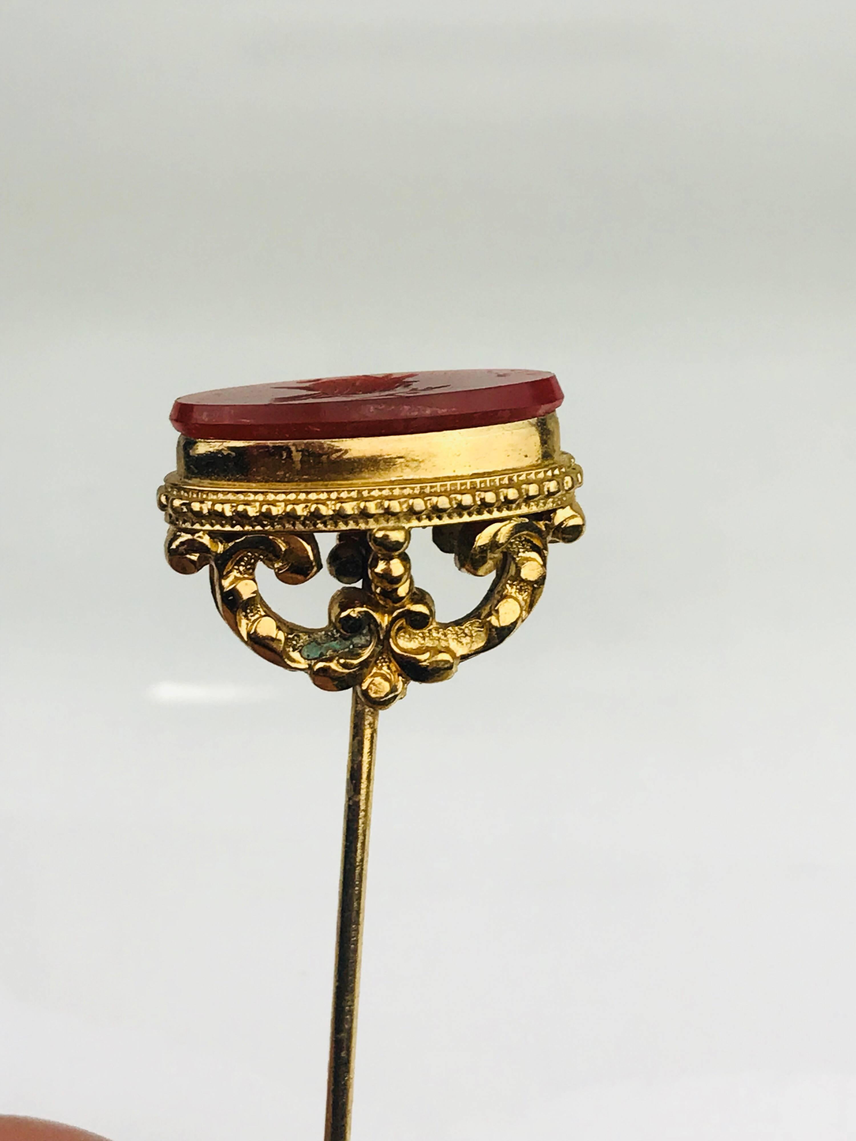 Women's or Men's Carnelian Bird Etched Emblem Hat Pin, Victorian Era, Gilded Vermeil, circa 1860 For Sale