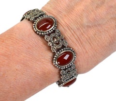 Carnelian Cabochon Sterling Silver Marcasite Vintage Style Bracelet