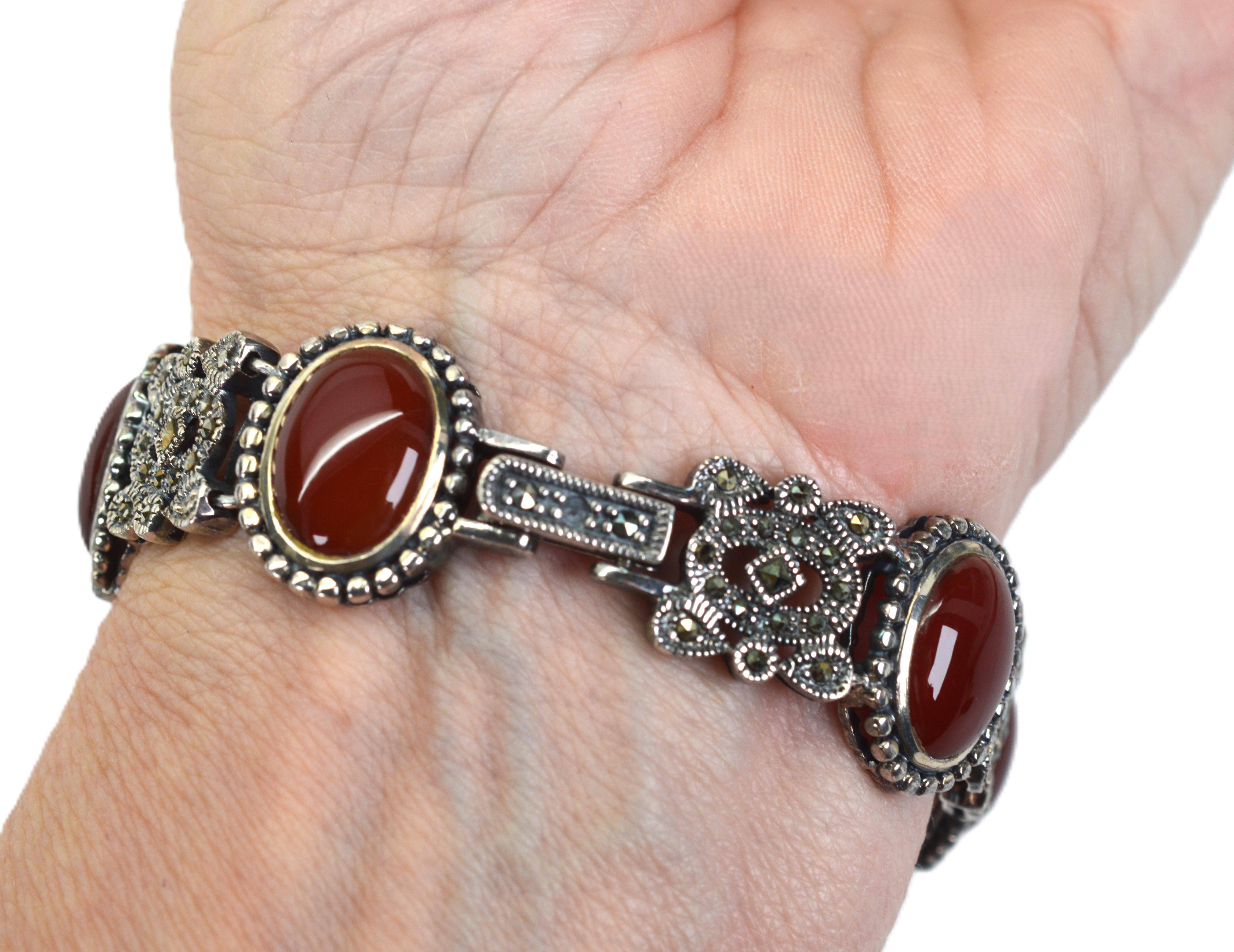 Karneol Cabochon Sterling Silber Markasit Vintage Style Armband Damen im Angebot