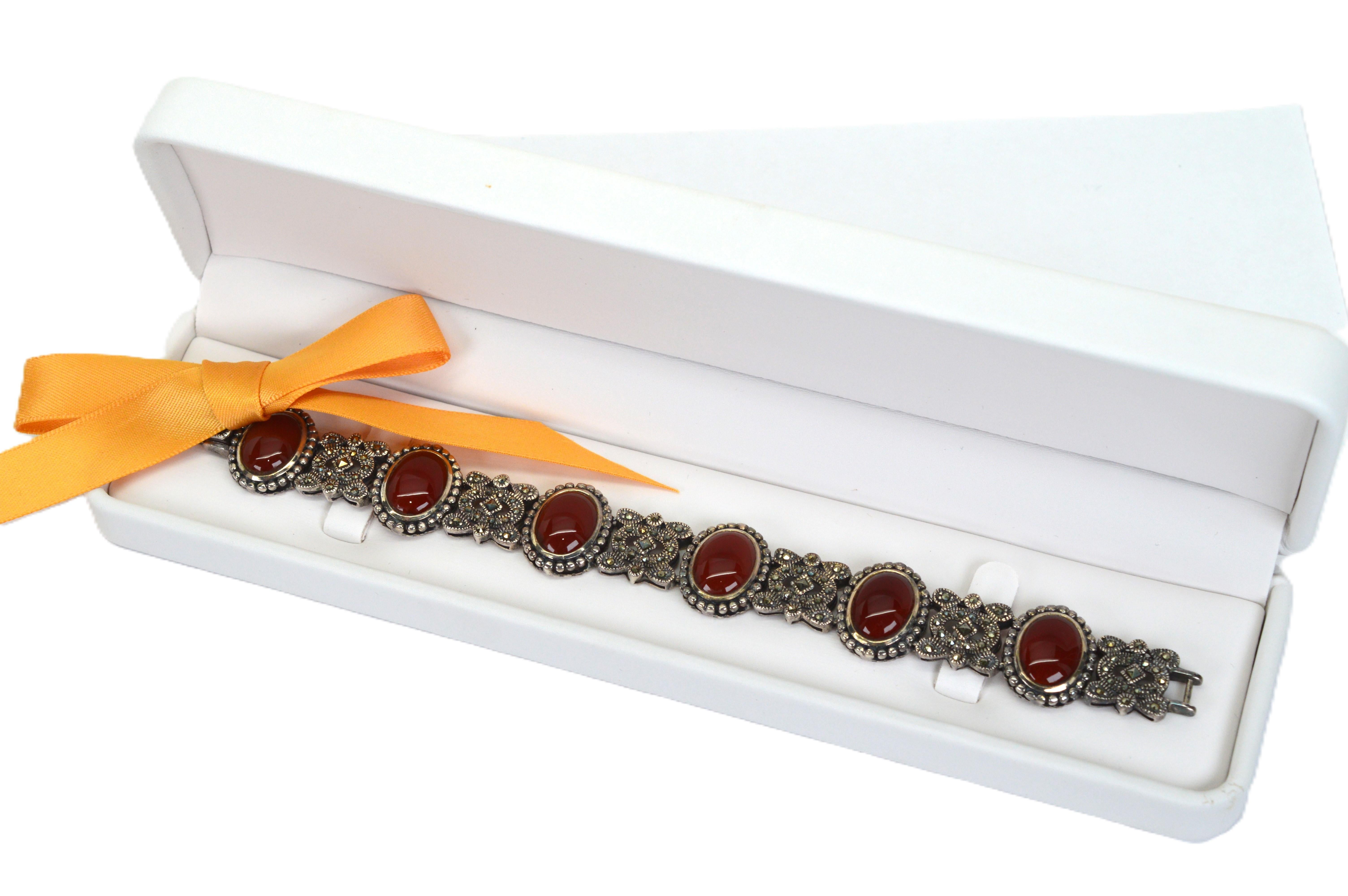 Karneol Cabochon Sterling Silber Markasit Vintage Style Armband im Angebot 1