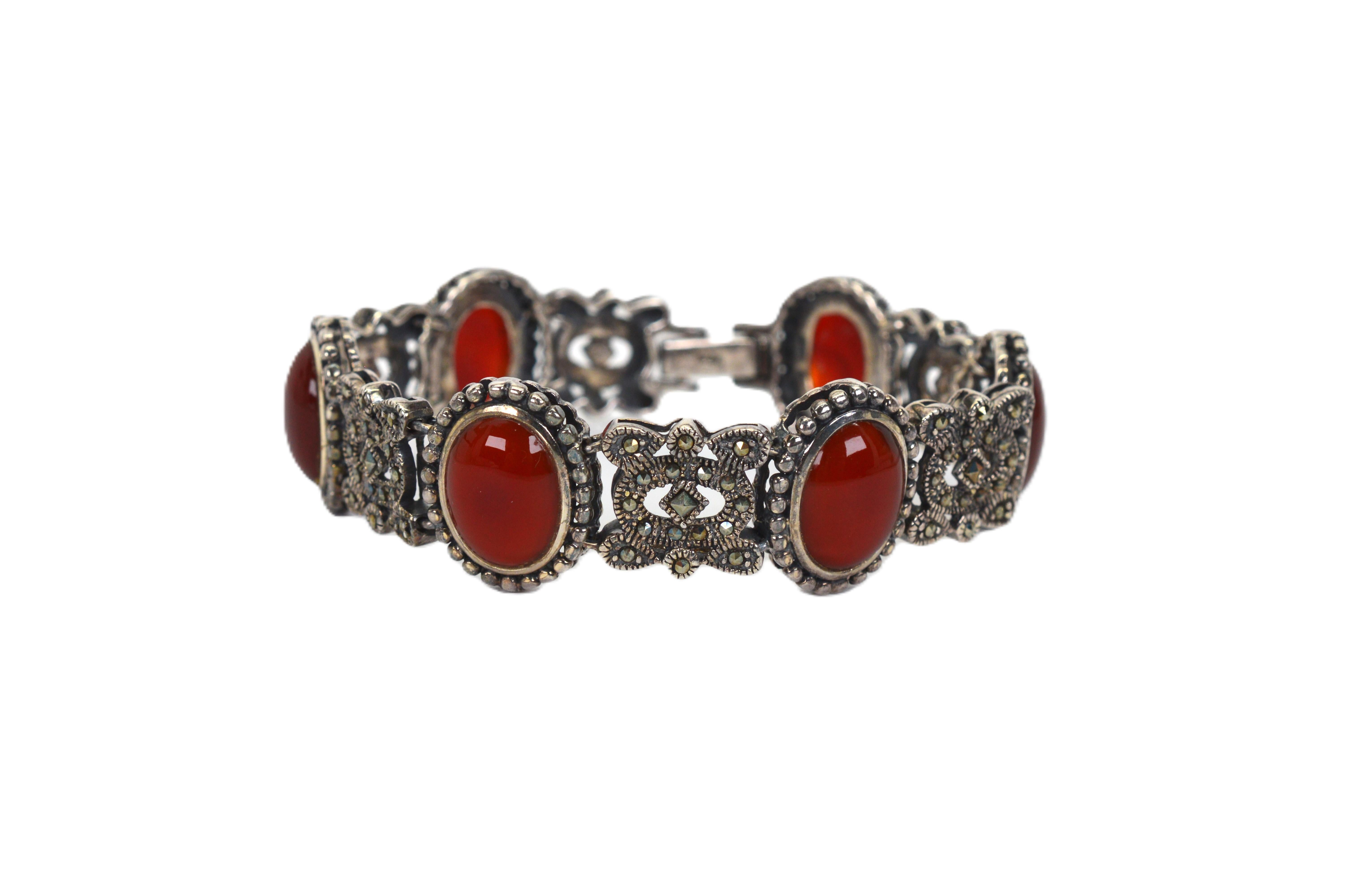 Karneol Cabochon Sterling Silber Markasit Vintage Style Armband im Angebot 2