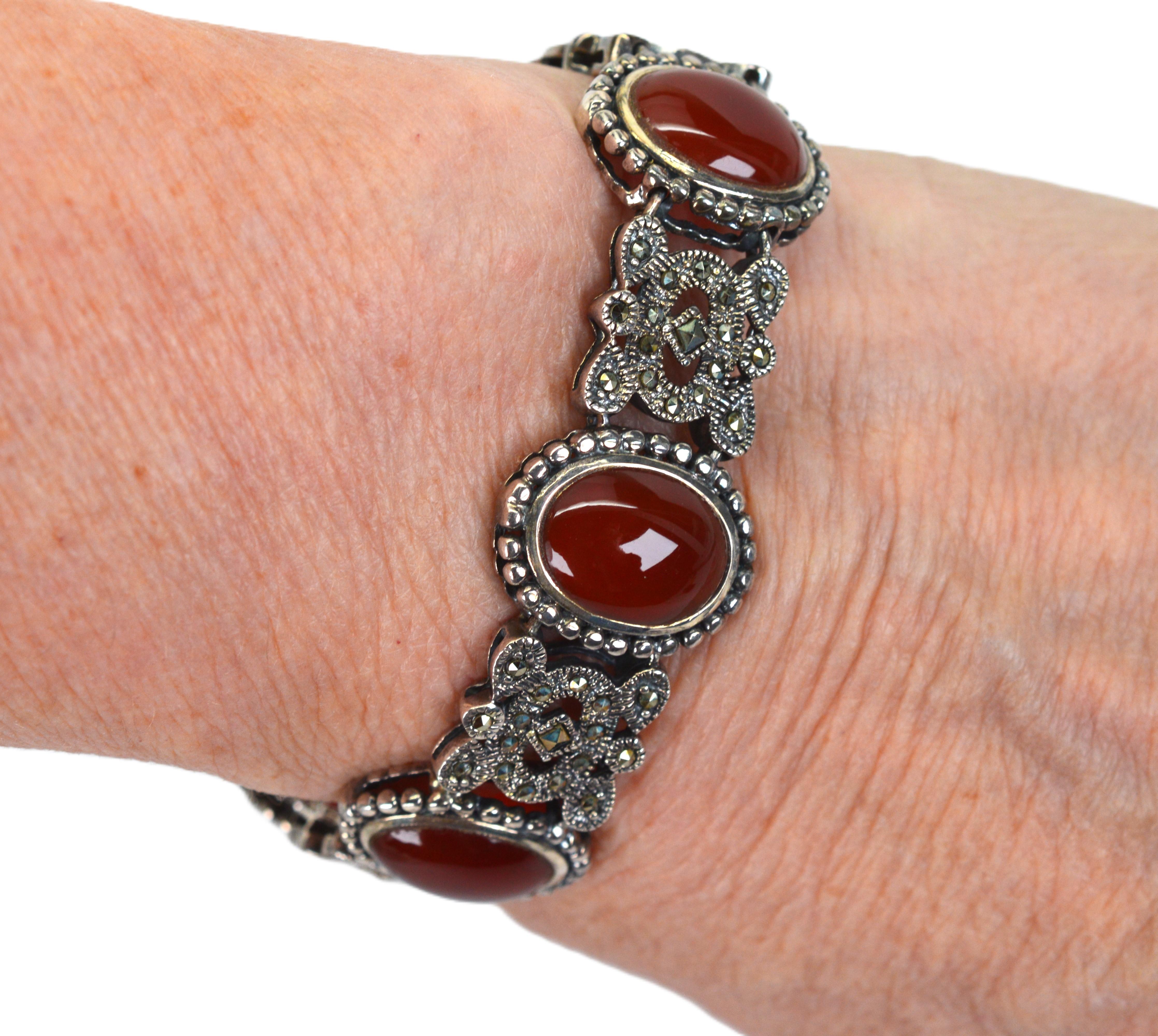 Karneol Cabochon Sterling Silber Markasit Vintage Style Armband im Angebot 3