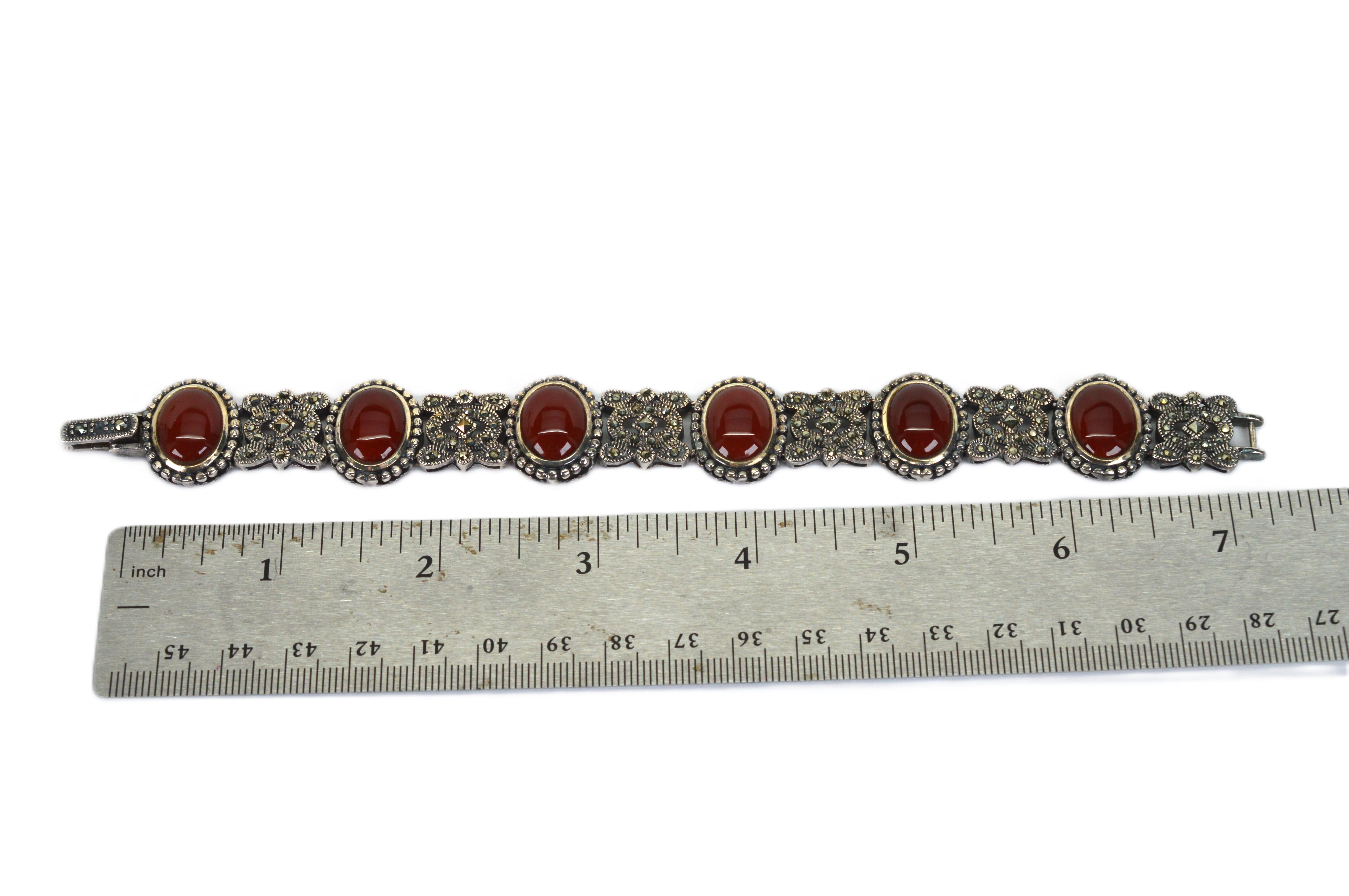 Karneol Cabochon Sterling Silber Markasit Vintage Style Armband im Angebot 4