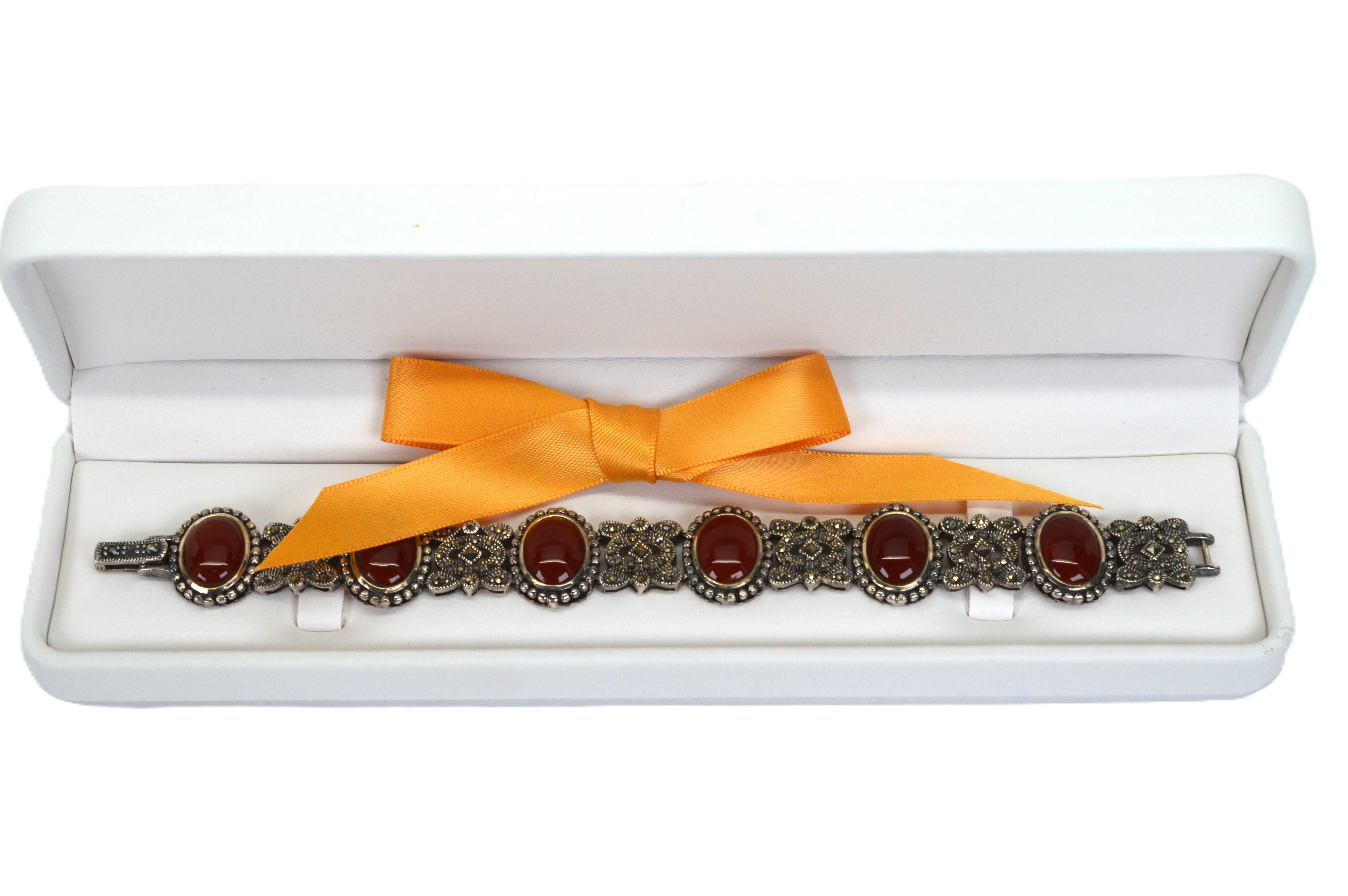 Karneol Cabochon Sterling Silber Markasit Vintage Style Armband im Angebot 5
