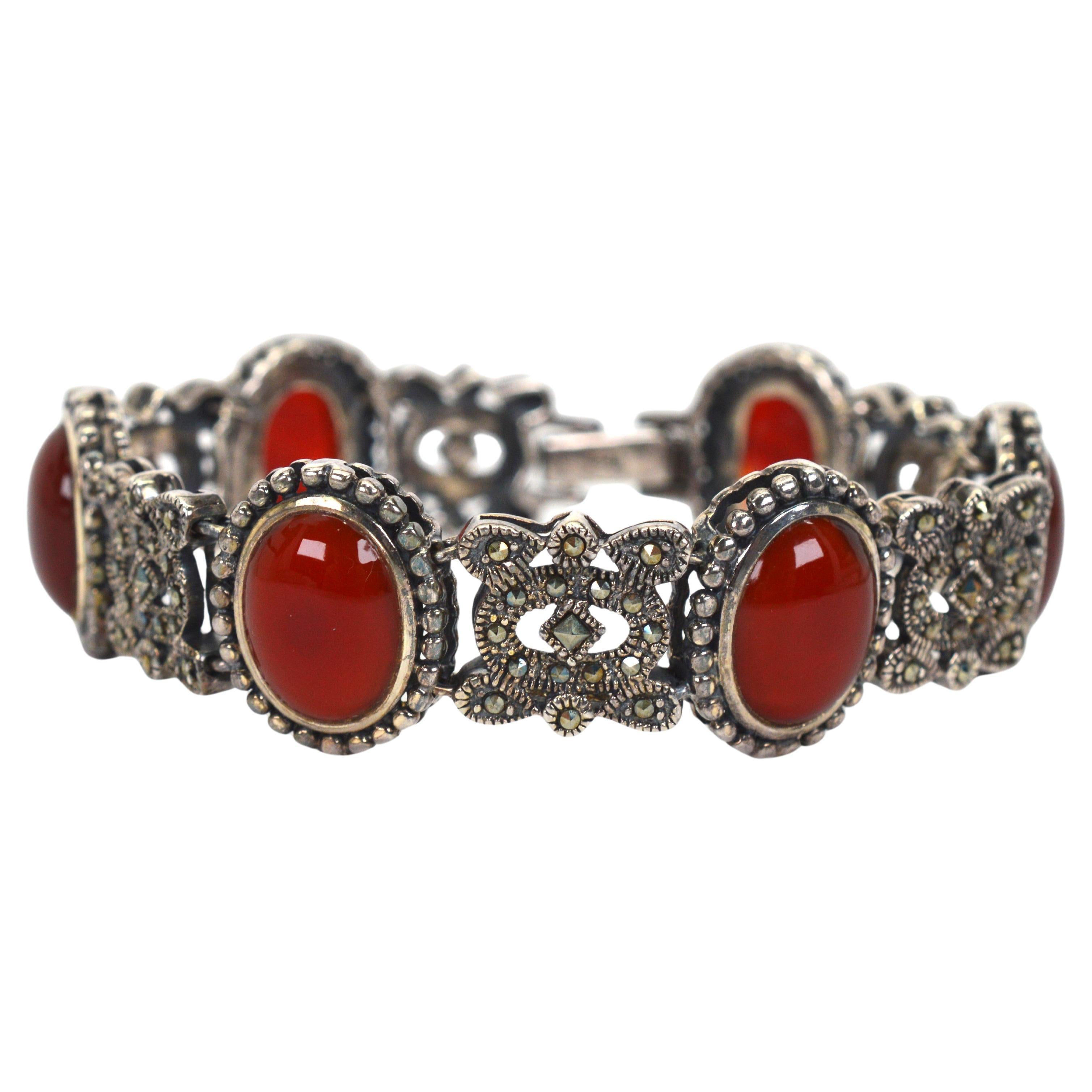 Carnelian Cabochon Sterling Silver Marcasite Vintage Style Bracelet