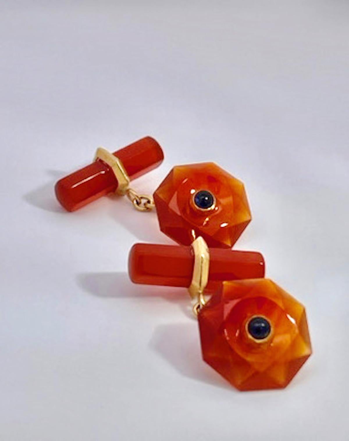 Modern Carnelian Carved Cufflinks Sapphire Center 18 Karat For Sale