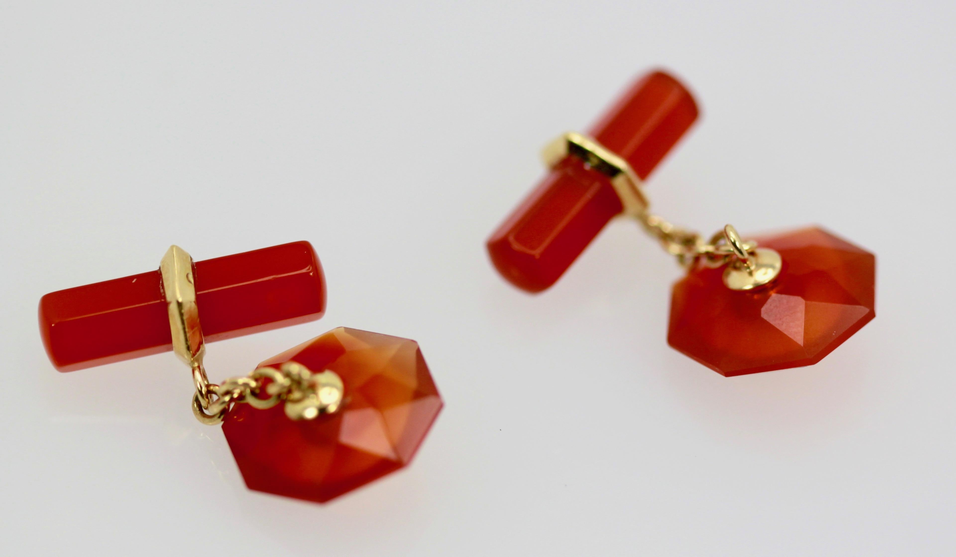 Carnelian Carved Cufflinks Sapphire Center 18 Karat In Good Condition For Sale In North Hollywood, CA