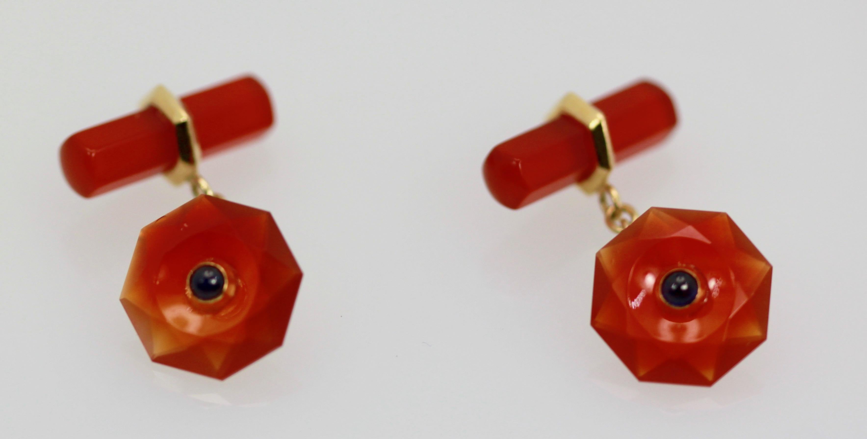 Carnelian Carved Cufflinks Sapphire Center 18 Karat For Sale 1