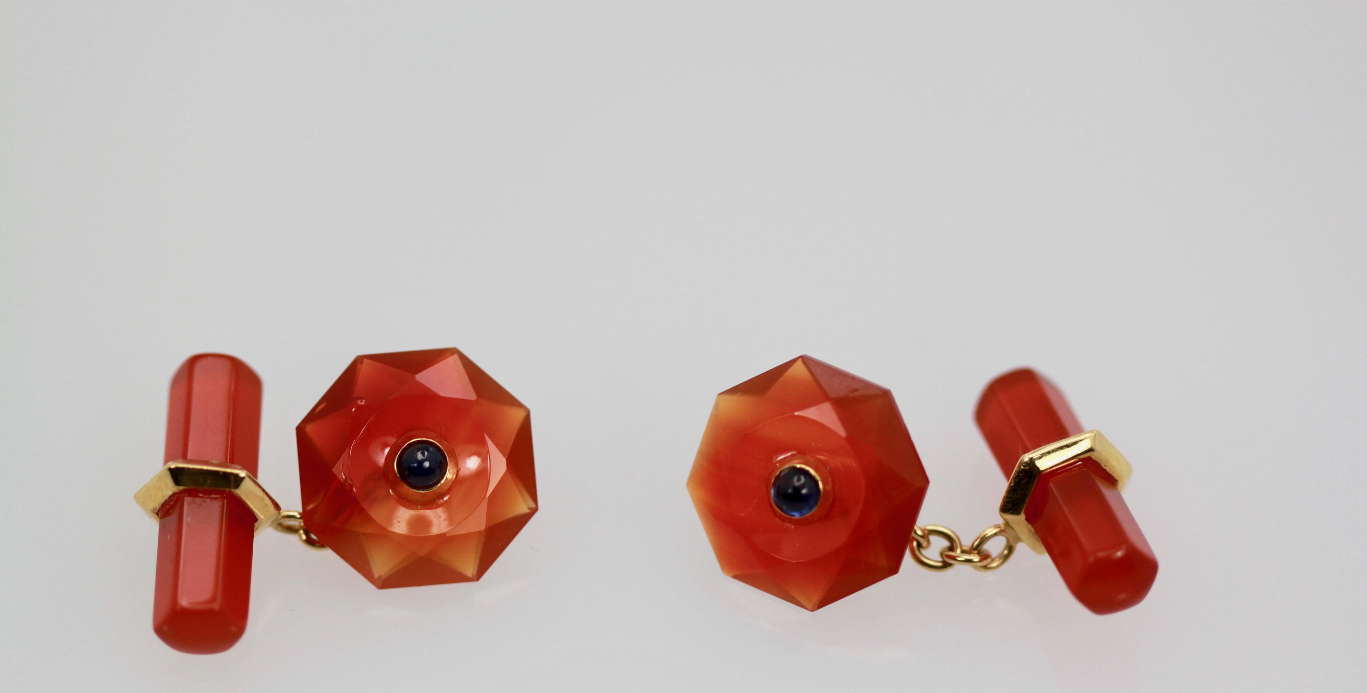 Carnelian Carved Cufflinks Sapphire Center 18 Karat For Sale 3