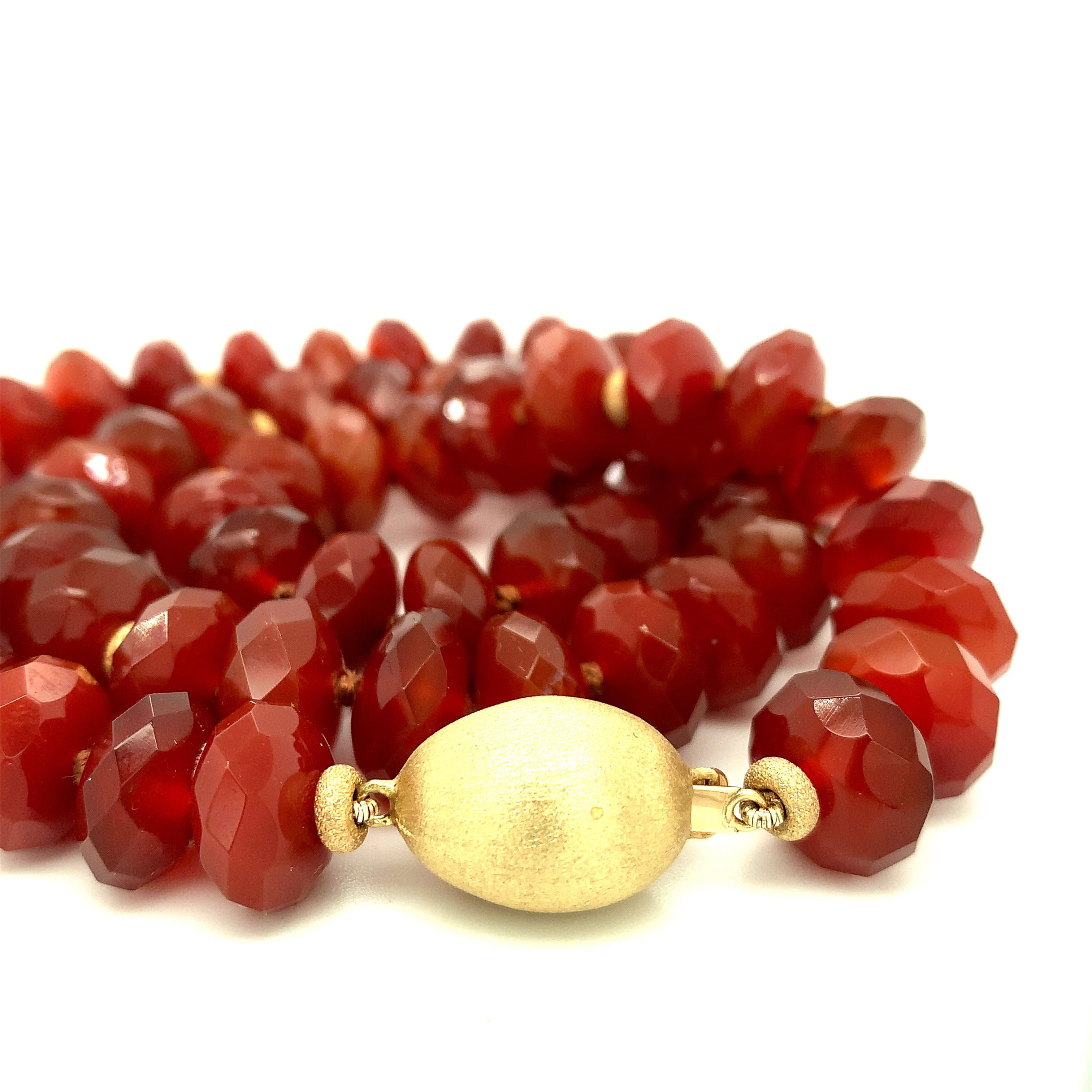 Artisan Carnelian Chalcedony Quartz, Faceted Bead, Yellow Gold Necklace