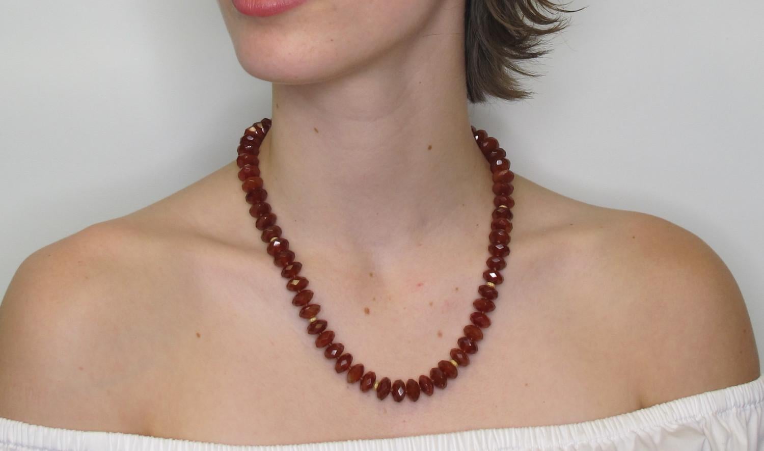 Carnelian Chalcedony Quartz, Faceted Bead, Yellow Gold Necklace 1