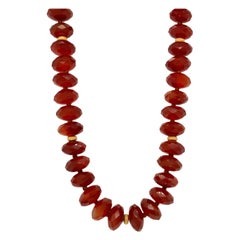 Carnelian Chalcedony Quartz, Faceted Bead, Yellow Gold Necklace