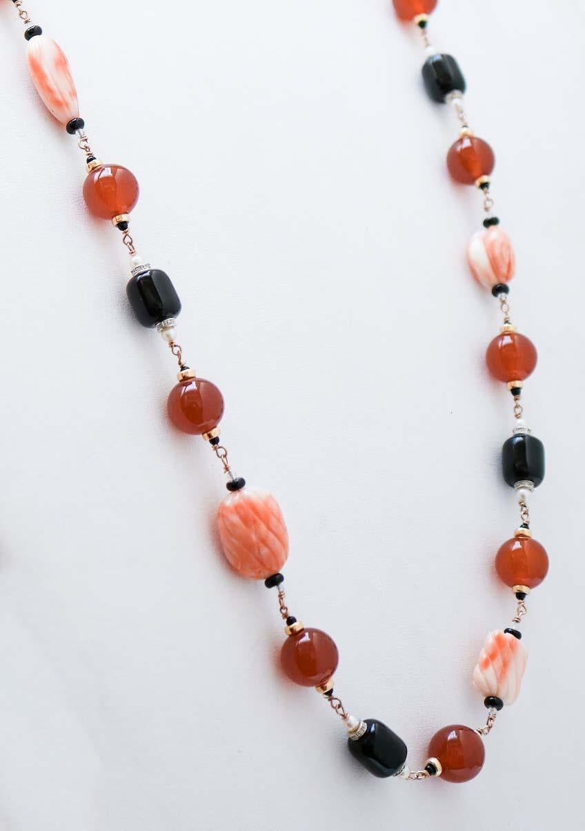 Retro Carnelian, Coral, Diamonds, Onyx, Pearls, Rose Gold Necklace. For Sale
