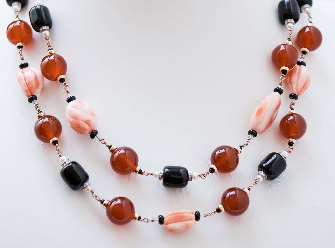 Mixed Cut Carnelian, Coral, Diamonds, Onyx, Pearls, Rose Gold Necklace. For Sale