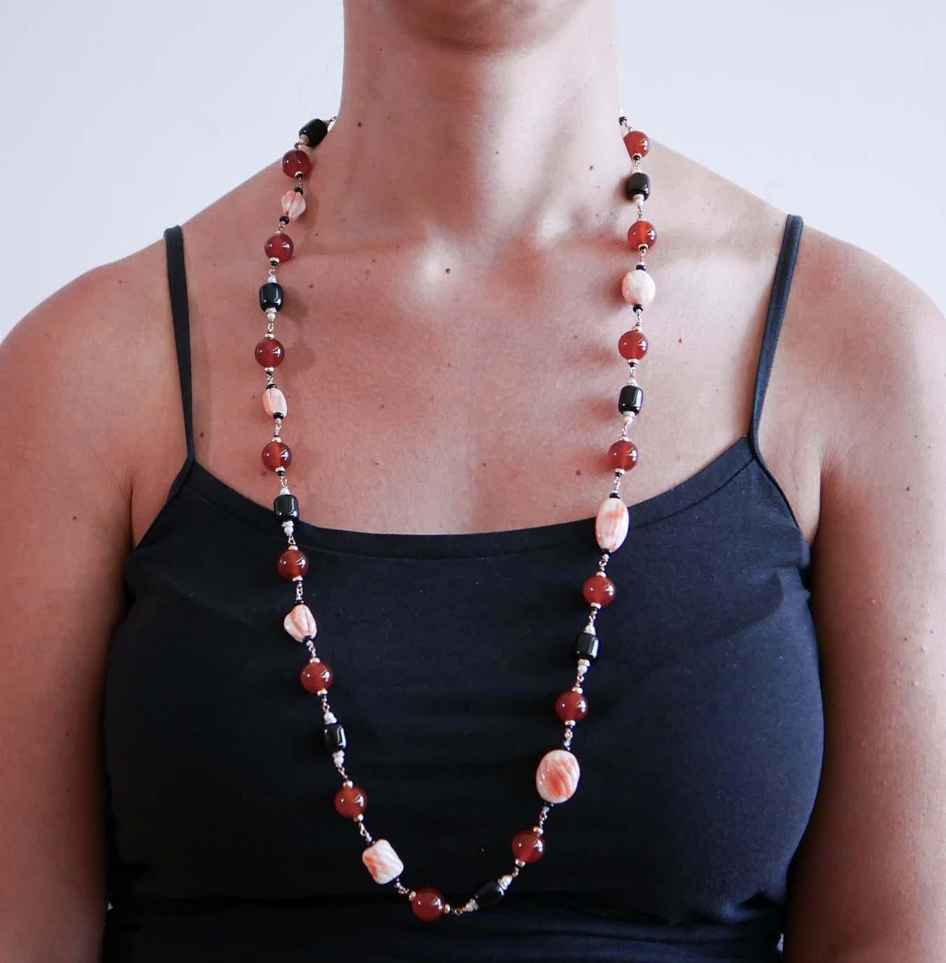 Women's Carnelian, Coral, Diamonds, Onyx, Pearls, Rose Gold Necklace. For Sale