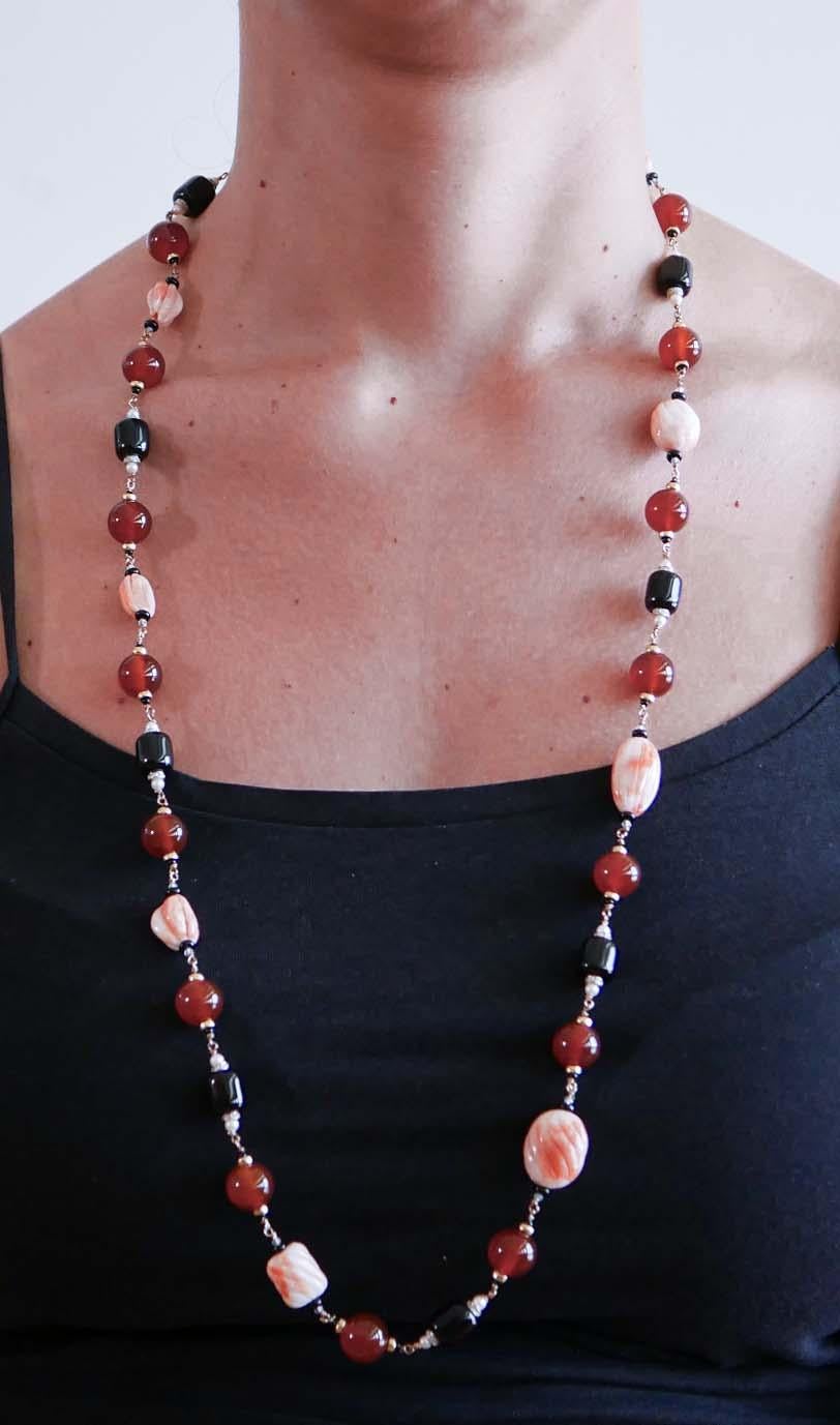 Carnelian, Coral, Diamonds, Onyx, Pearls, Rose Gold Necklace. For Sale 1