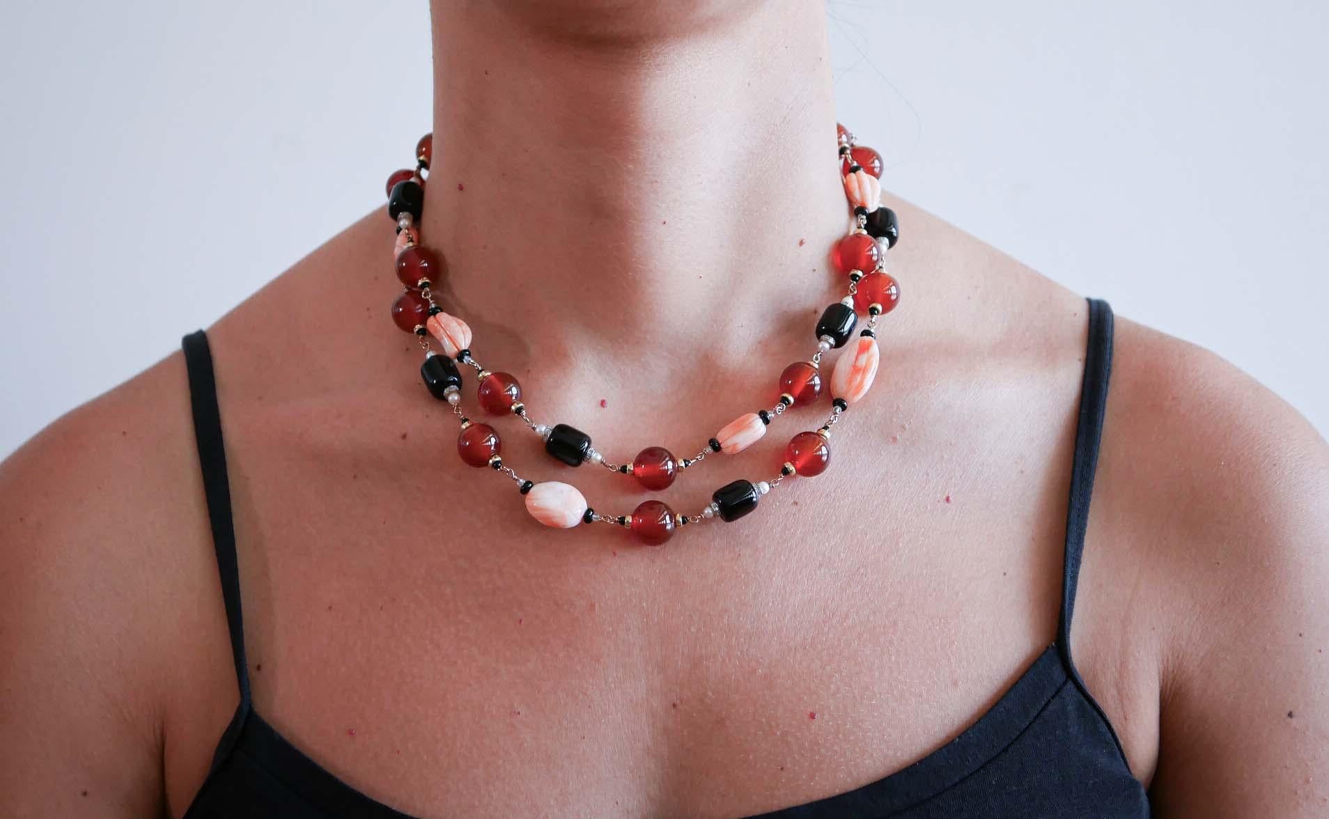 Carnelian, Coral, Diamonds, Onyx, Pearls, Rose Gold Necklace. For Sale 2