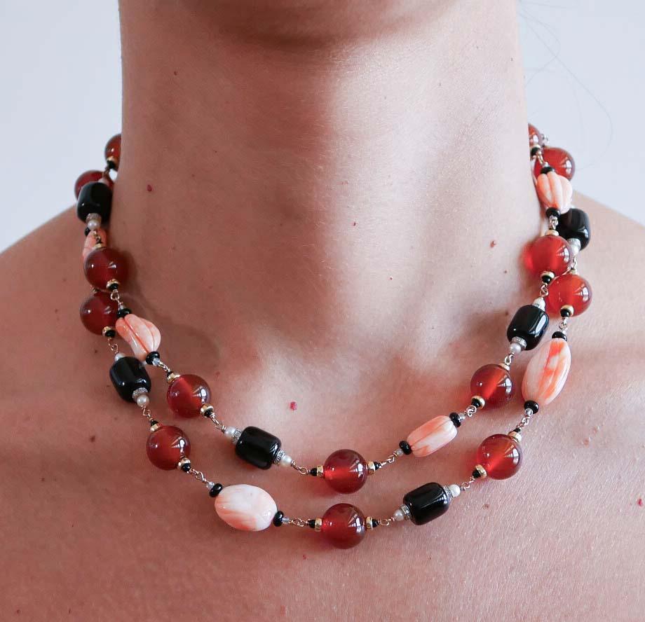 Carnelian, Coral, Diamonds, Onyx, Pearls, Rose Gold Necklace. For Sale 3