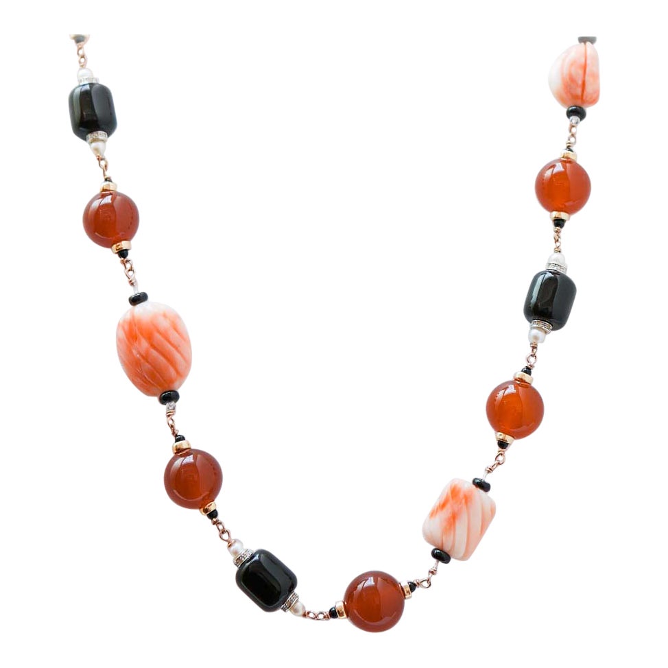 Carnelian, Coral, Diamonds, Onyx, Pearls, Rose Gold Necklace. For Sale