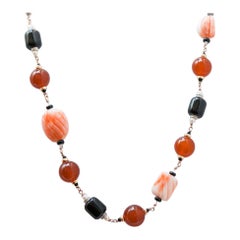 Carnelian, Coral, Diamonds, Onyx, Pearls, Rose Gold Necklace.