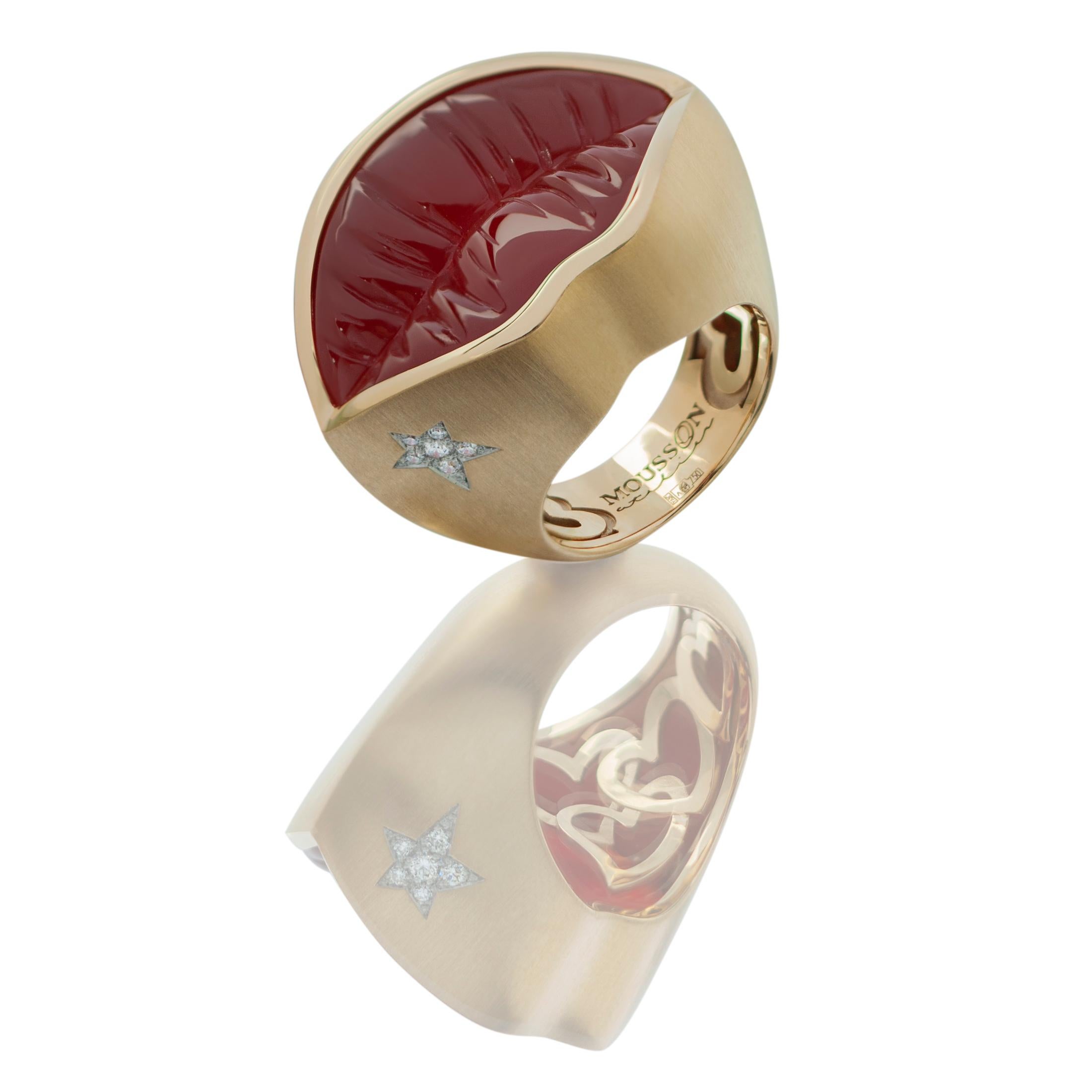 Carnelian Diamond 18 Karat Yellow Gold Kiss Me Baby Ring 

The brightly painted female mouth has long been exploited by artists as the most intelligible symbol of femininity and beauty. We decided to recall the most vivid statements of artists and