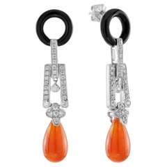 Carnelian Diamond Onyx Art Deco Style Drop Earrings in 14K White Gold