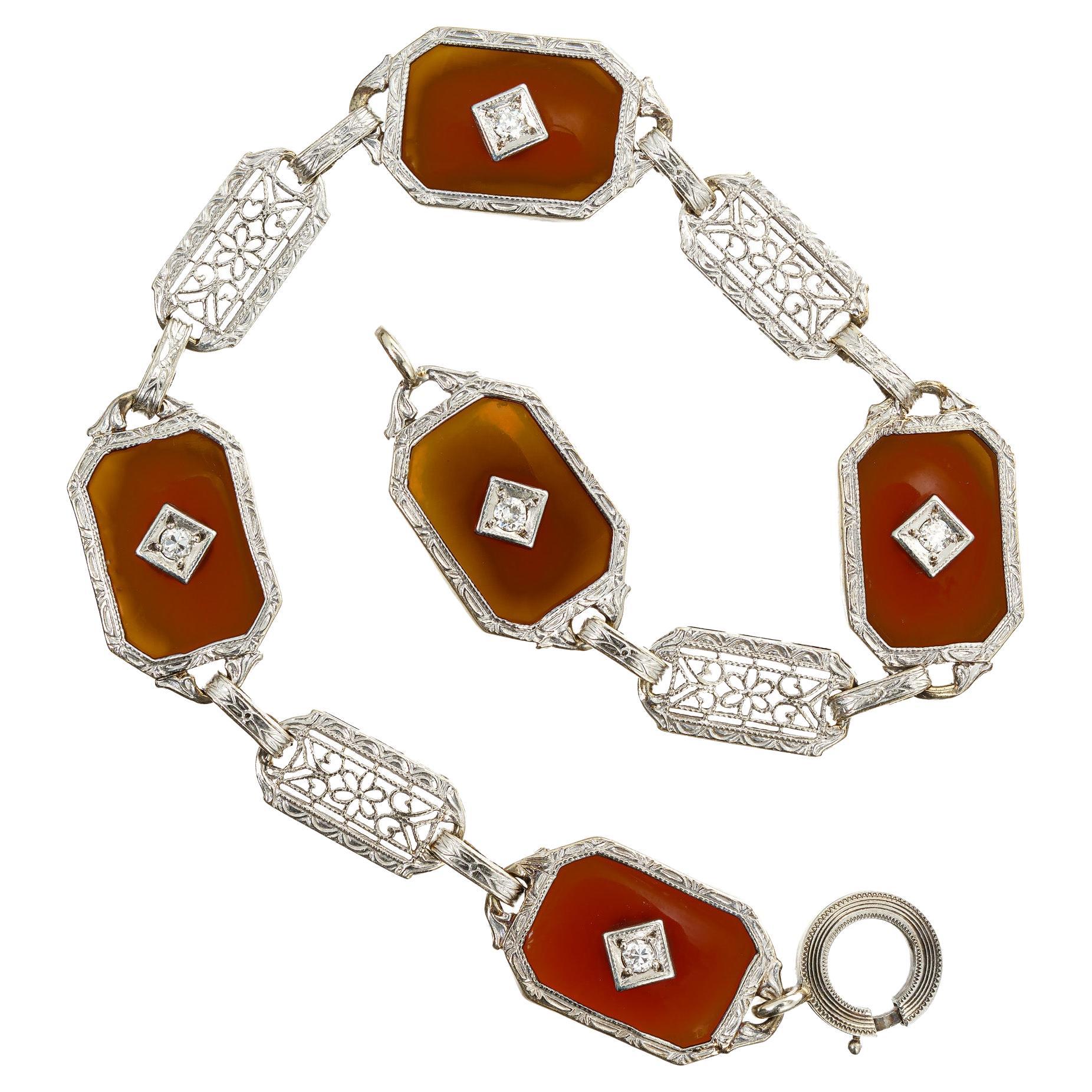 Carnelian Diamond White Gold Filigree Bracelet For Sale