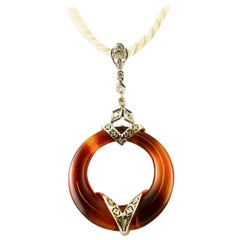 Carnelian, Diamonds and 14 Karat White Gold Retro Pendant