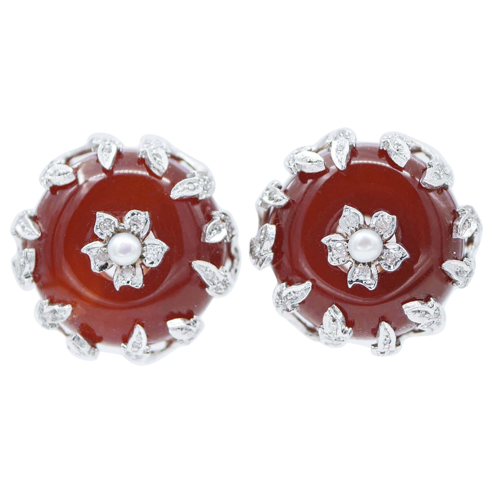 Carnelian, Diamonds, Pearls, 14 Karat White and Rose Gold Earrings