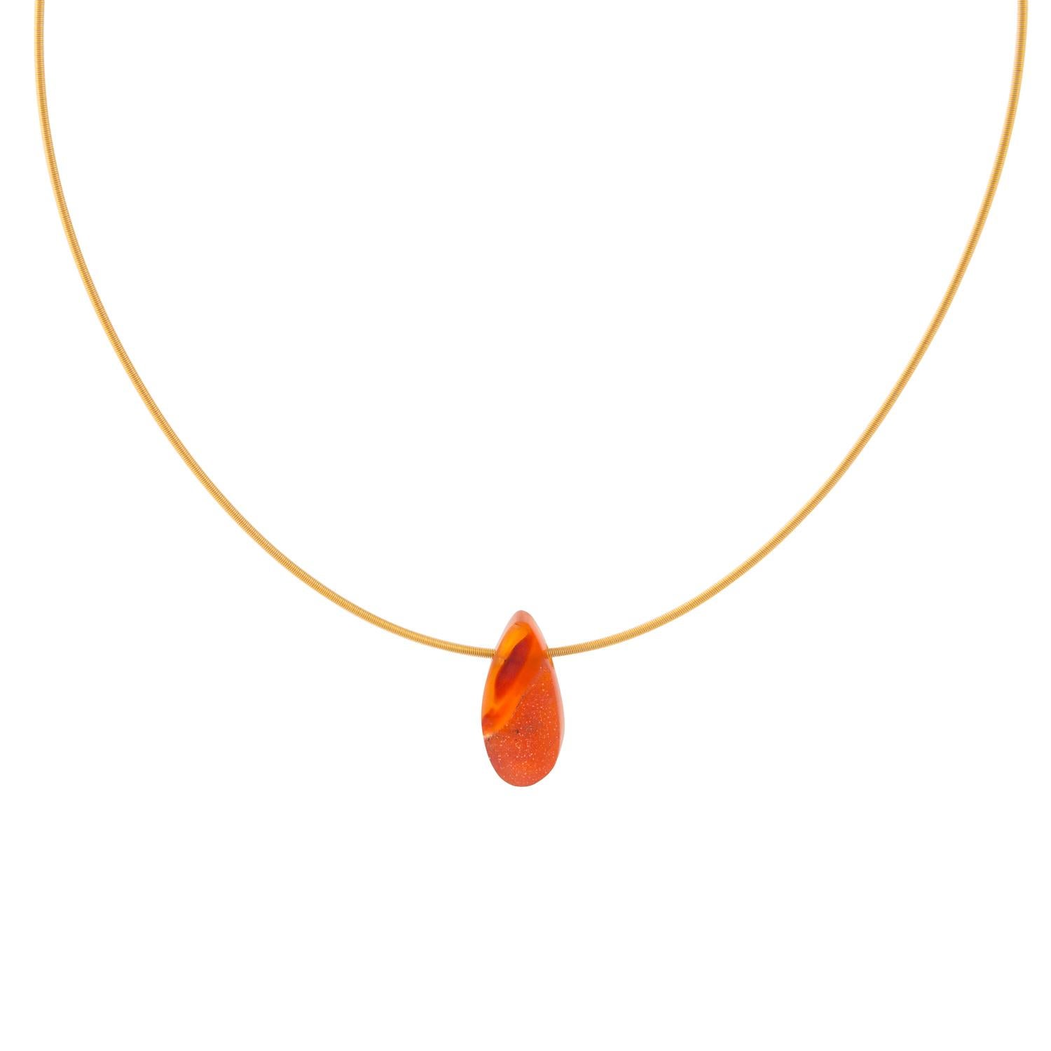 Cabochon 18 Karat Gold Necklace with Carnelian Drusy Teardrop For Sale