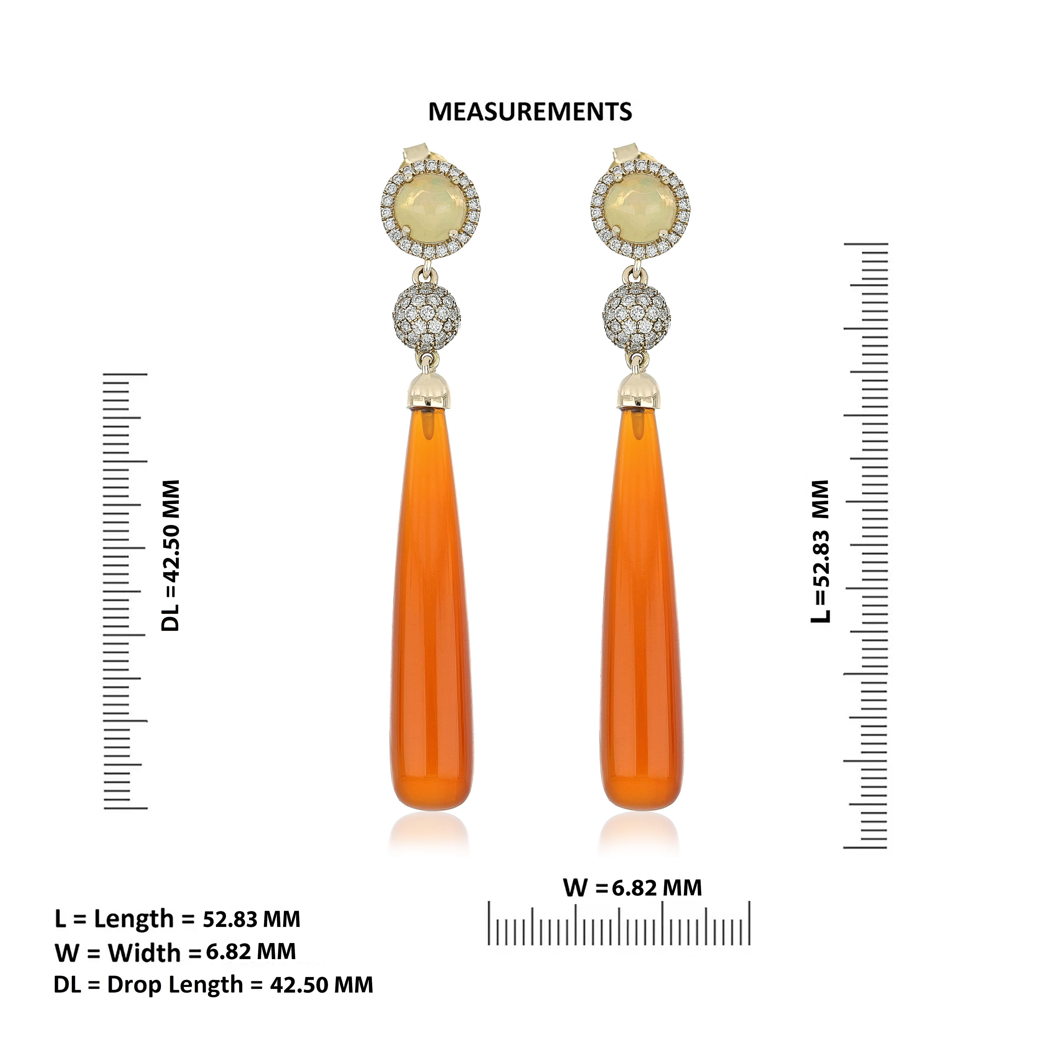Carnelian, Ethiopian Opal and Diamond Studded Earring 14 Karat Yellow Gold In New Condition For Sale In JAIPUR, IN