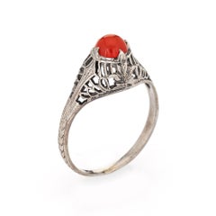Carnelian Filigree Ring Vintage Art Deco 14k White Gold Estate Jewelry