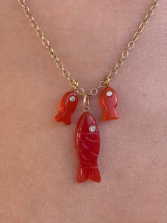 Carnelian Fish Pendants, mother and children, with Diamonds, Pink Sapphire & 14k