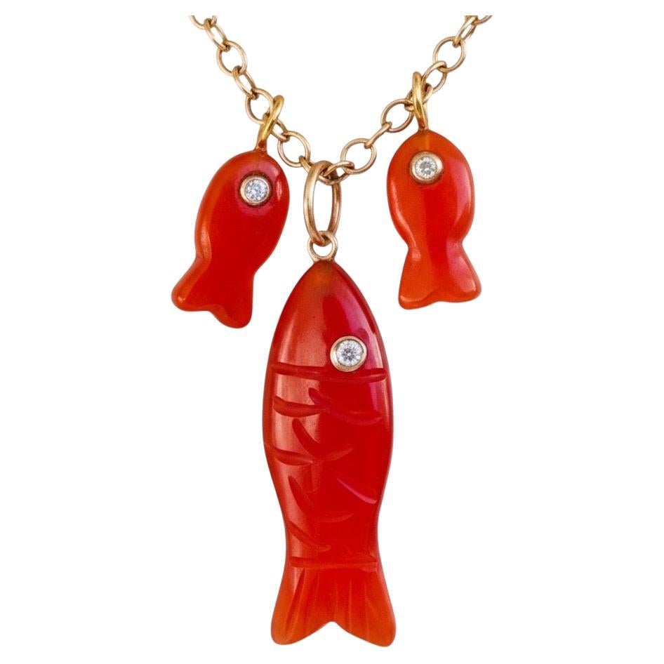 Carnelian Fish Pendants, mother and children, with Diamonds, Pink Sapphire 
14k For Sale