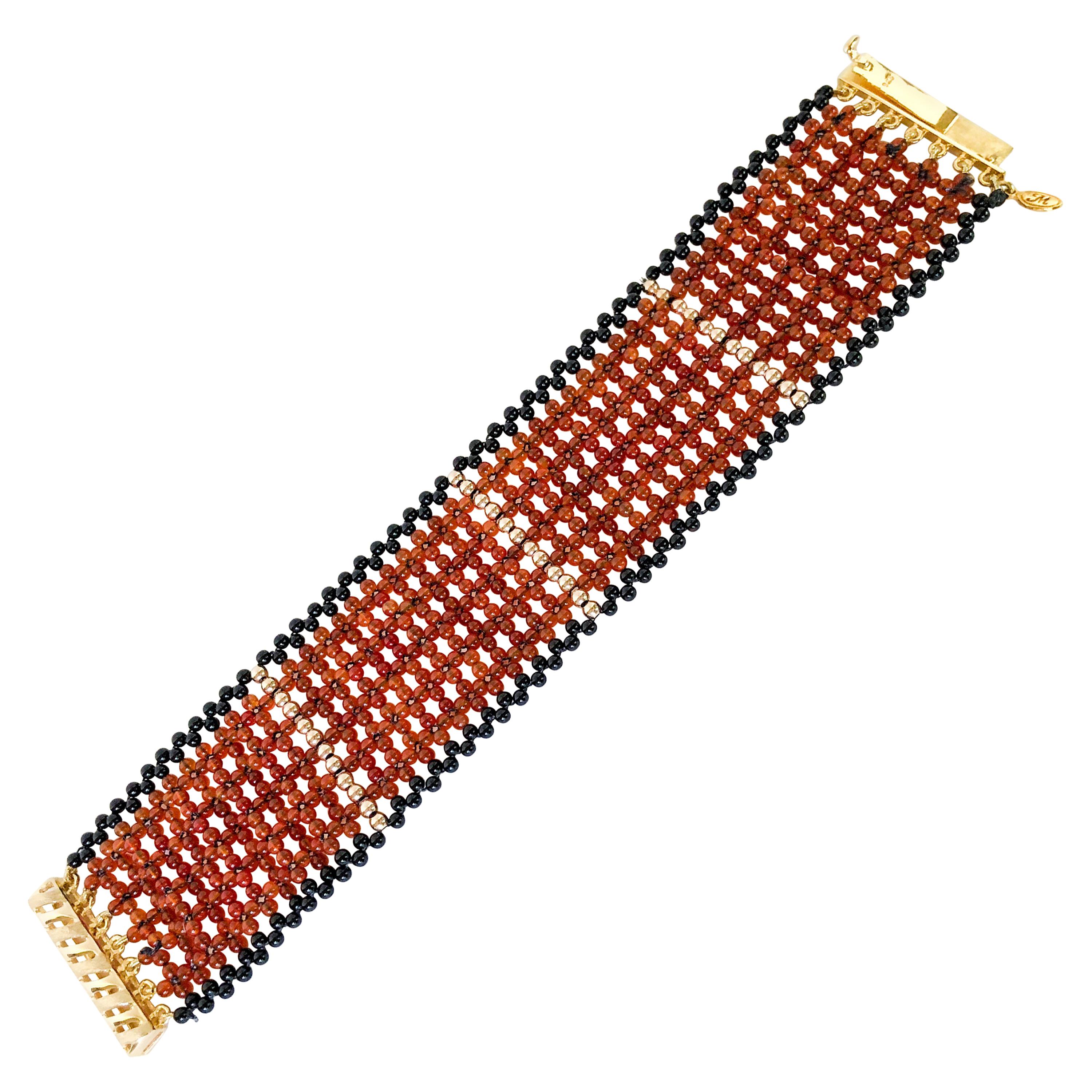 Marina J Carnelian, Gold, and Onyx Beads Wide Woven Bracelet with Vermeil clasp