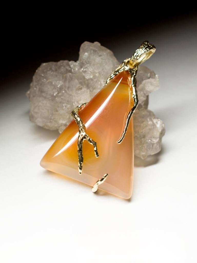 Carnelian Gold Necklace Honey Orange Triangle Cabochon Magic Forest Roots Gems For Sale 3