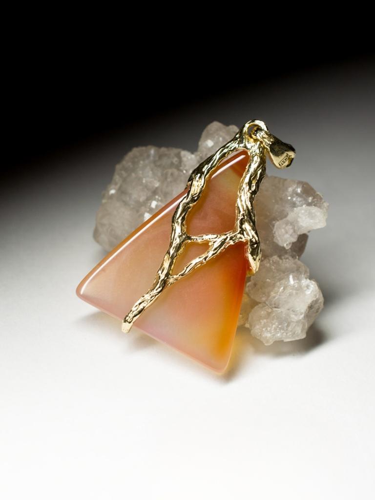Carnelian Gold Necklace Honey Orange Triangle Cabochon Magic Forest Roots Gems For Sale 2
