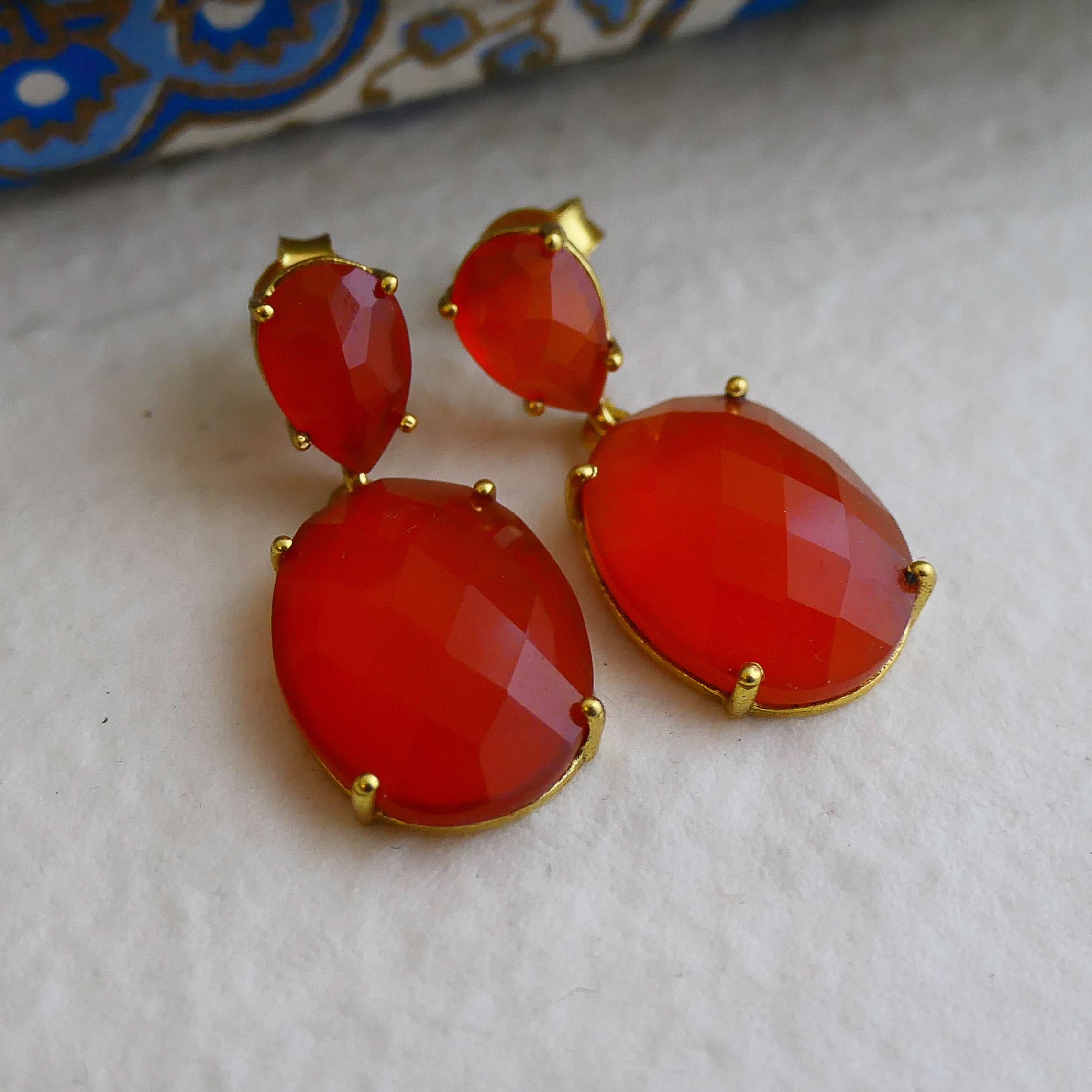 Mixed Cut Carnelian Gold Plated Sterling Silver Post Drop Earrings For Sale