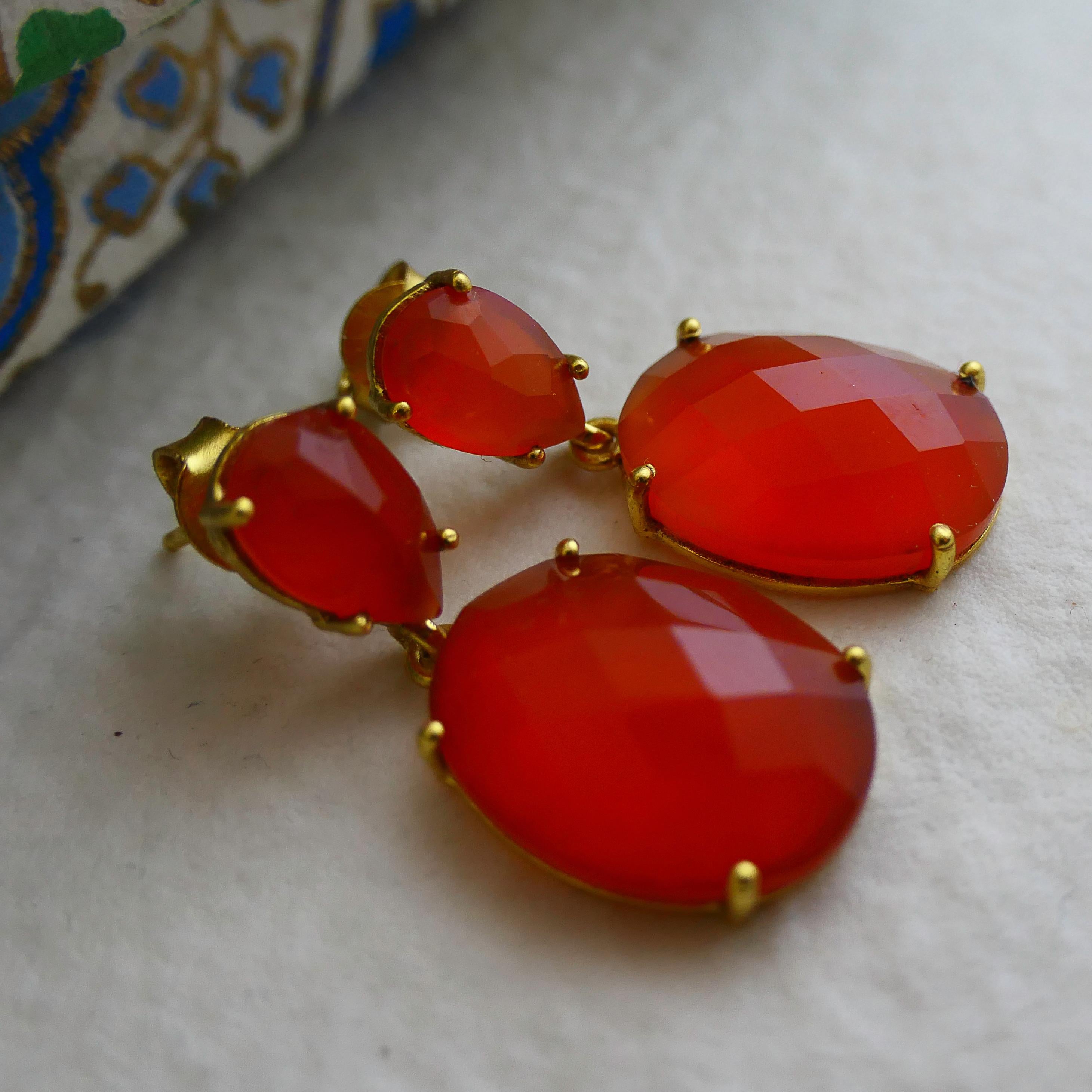 Carnelian Gold Plated Sterling Silver Post Drop Earrings In New Condition For Sale In Oslo, 03