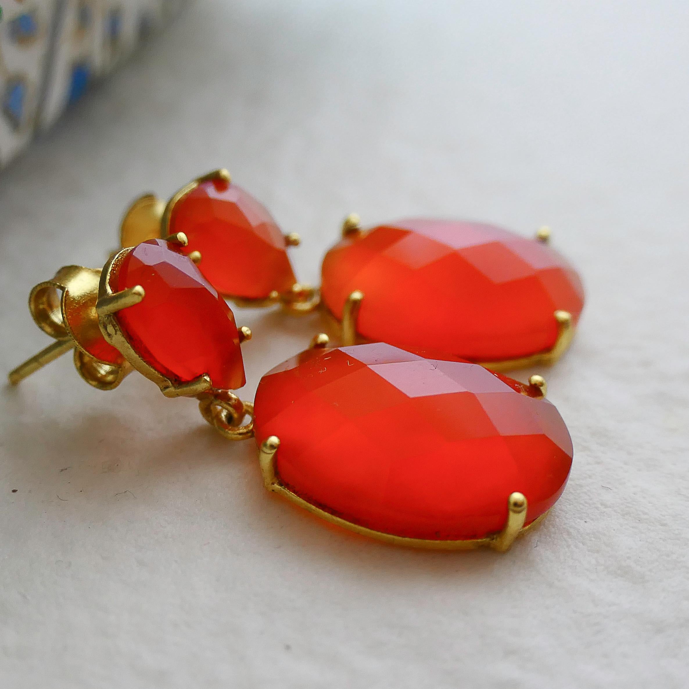 Women's Carnelian Gold Plated Sterling Silver Post Drop Earrings For Sale
