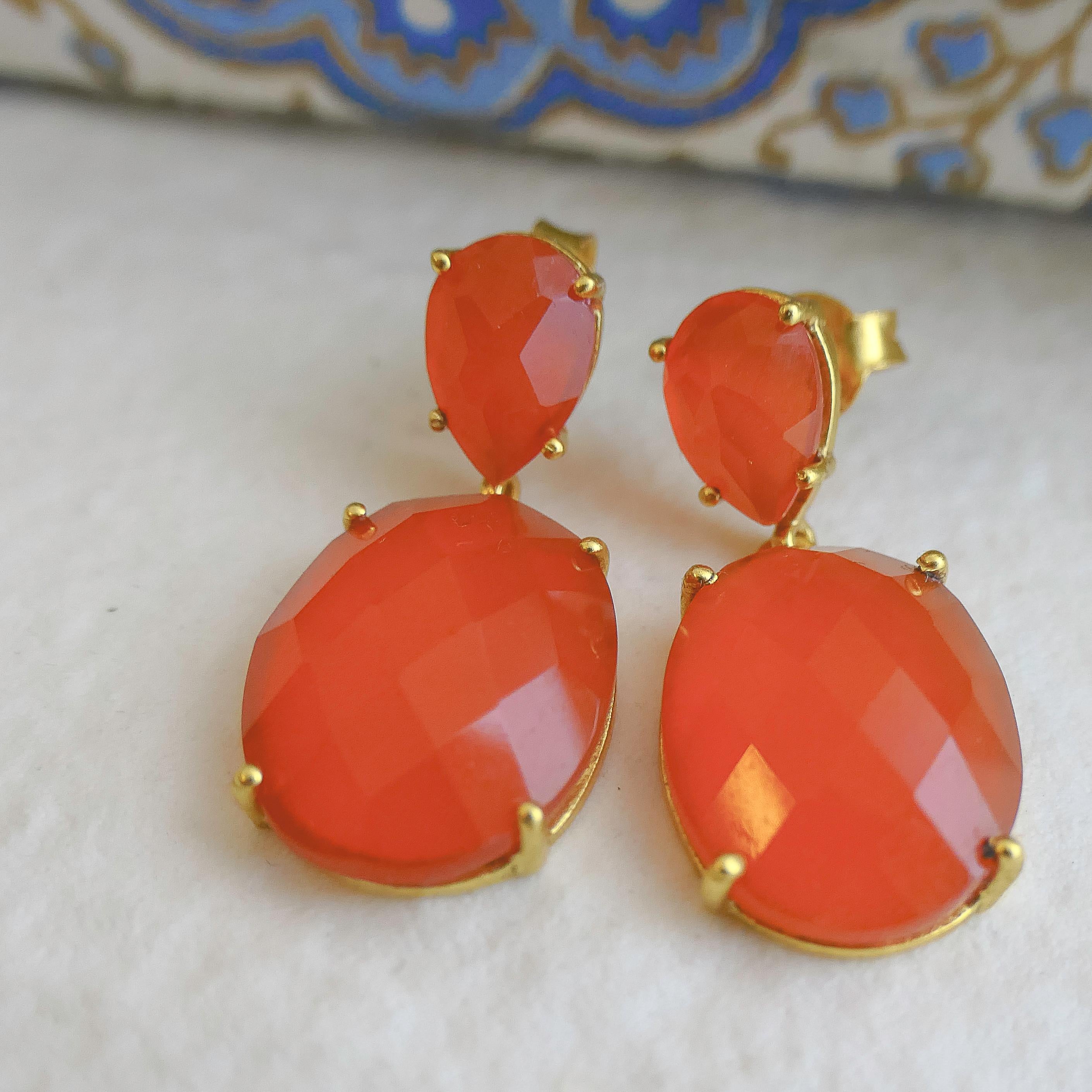 Carnelian Gold Plated Sterling Silver Post Drop Earrings For Sale 1