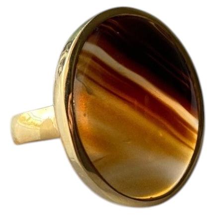 Carnelian golden plated silver ring, stripped agate silver ring, 7 size