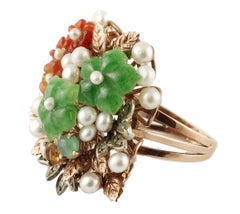 Carnelian, Green Agate, Pearls, Diamonds, 9k gold and silver Flowery Retro Ring